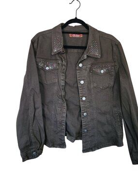 Mu Jeans Denim Jean Jacket Olive Green Bling Womens